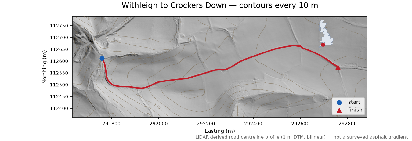 Withleigh to Crockers Down LiDAR hillshade map with contours
