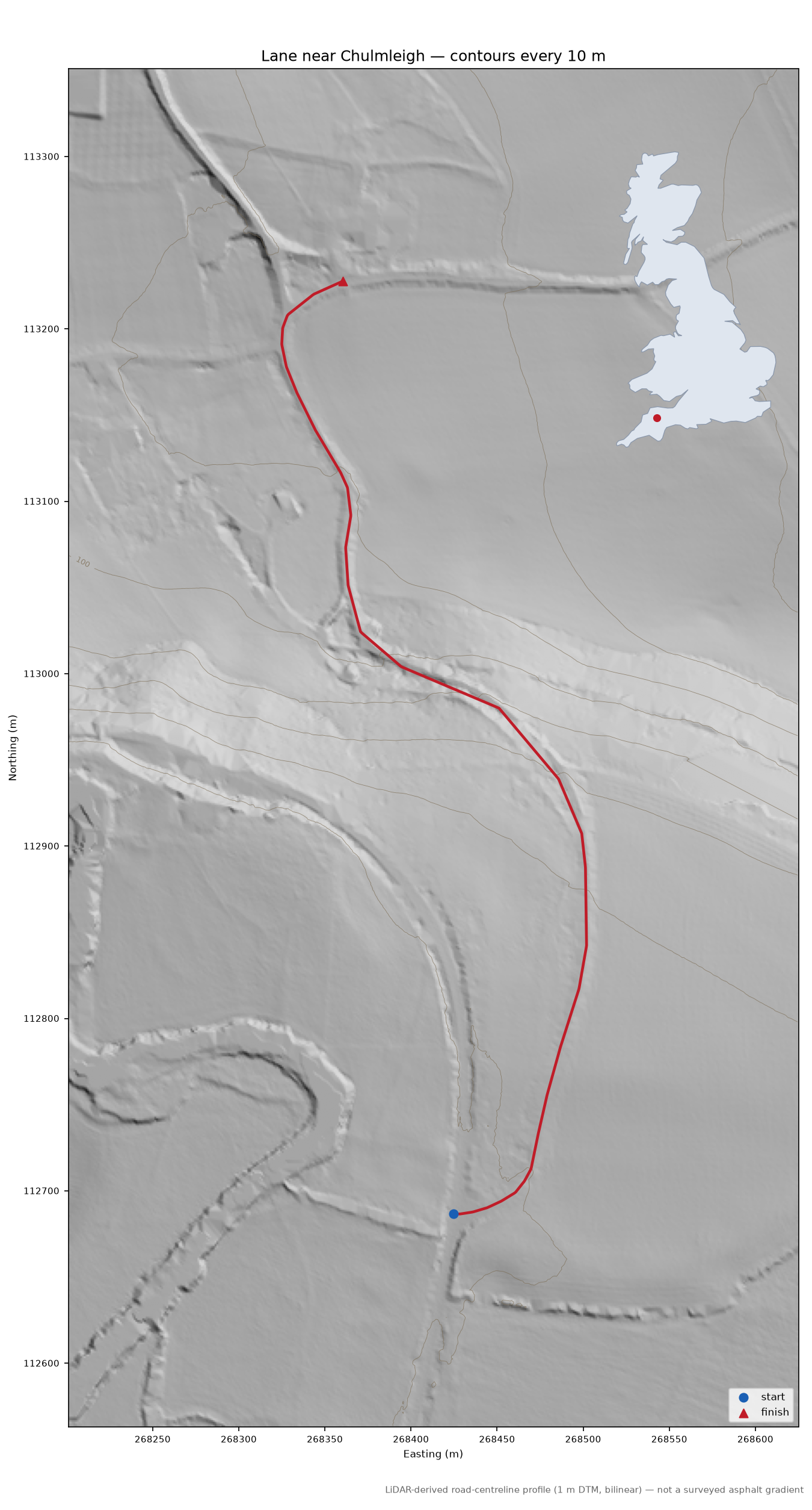 Lane near Chulmleigh LiDAR hillshade map with contours