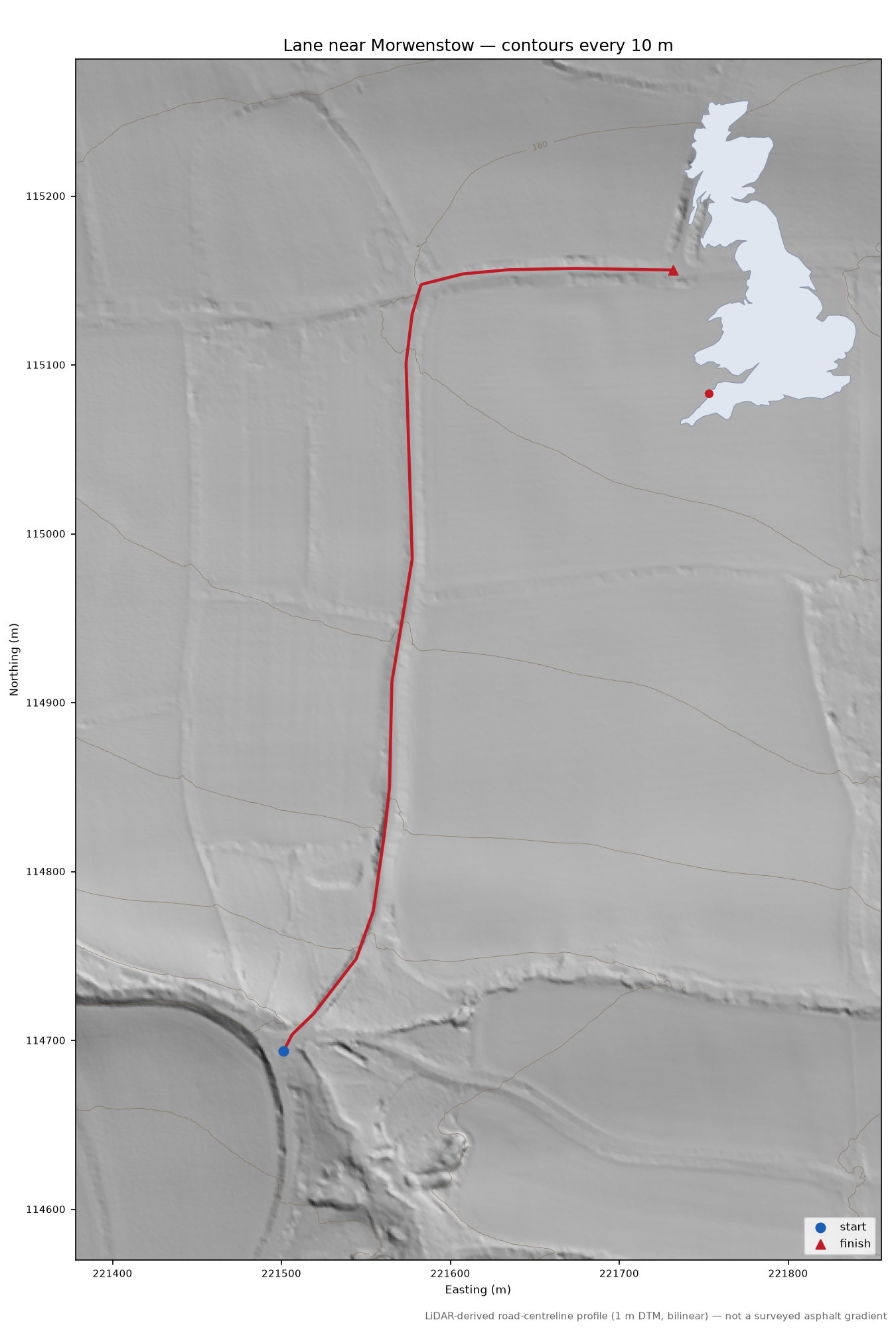 Lane near Morwenstow LiDAR hillshade map with contours