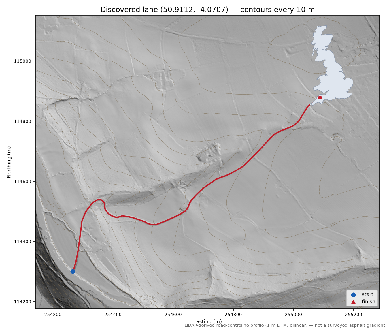 Abbot's Hill to Beaford LiDAR hillshade map with contours