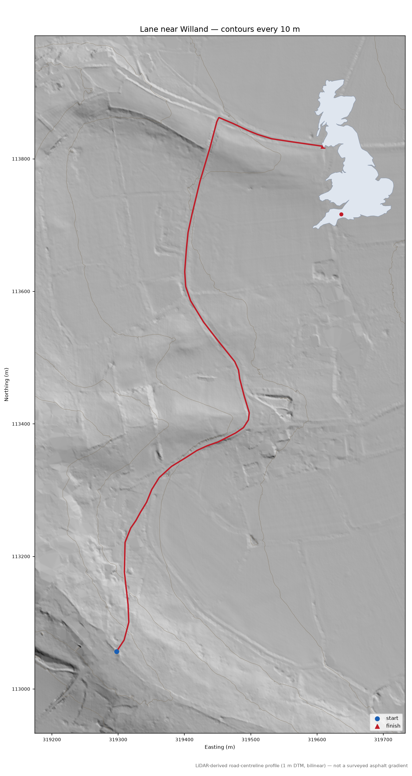 Lane near Willand LiDAR hillshade map with contours