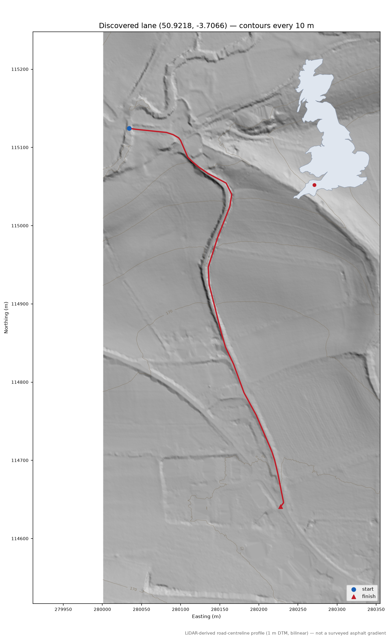 Lane near Witheridge LiDAR hillshade map with contours