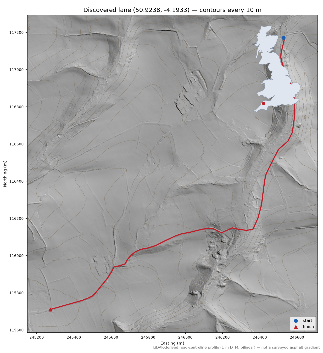 Lane near Helestone Park LiDAR hillshade map with contours