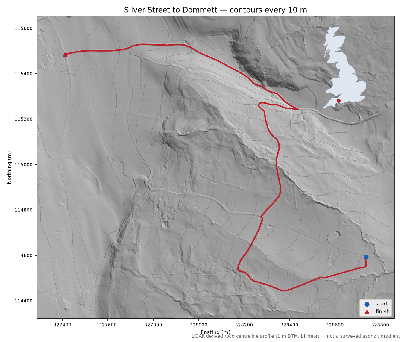 Silver Street to Dommett LiDAR hillshade map with contours