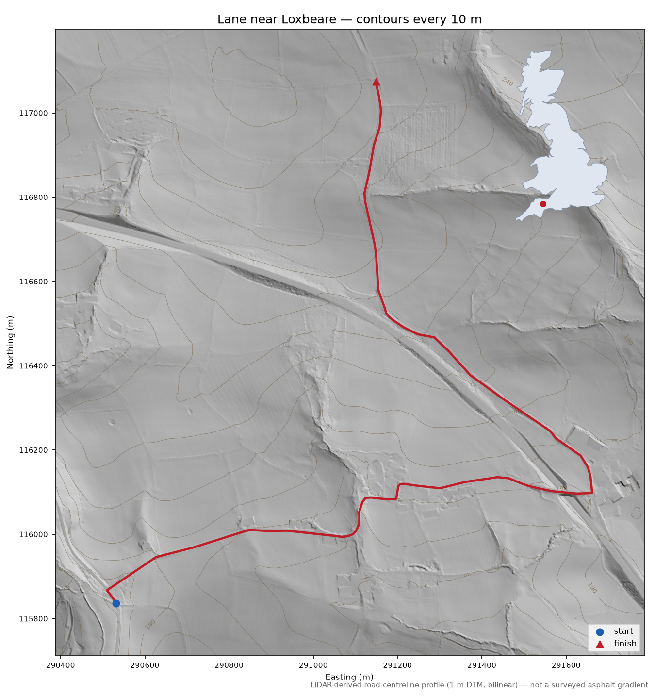 Lane near Loxbeare LiDAR hillshade map with contours