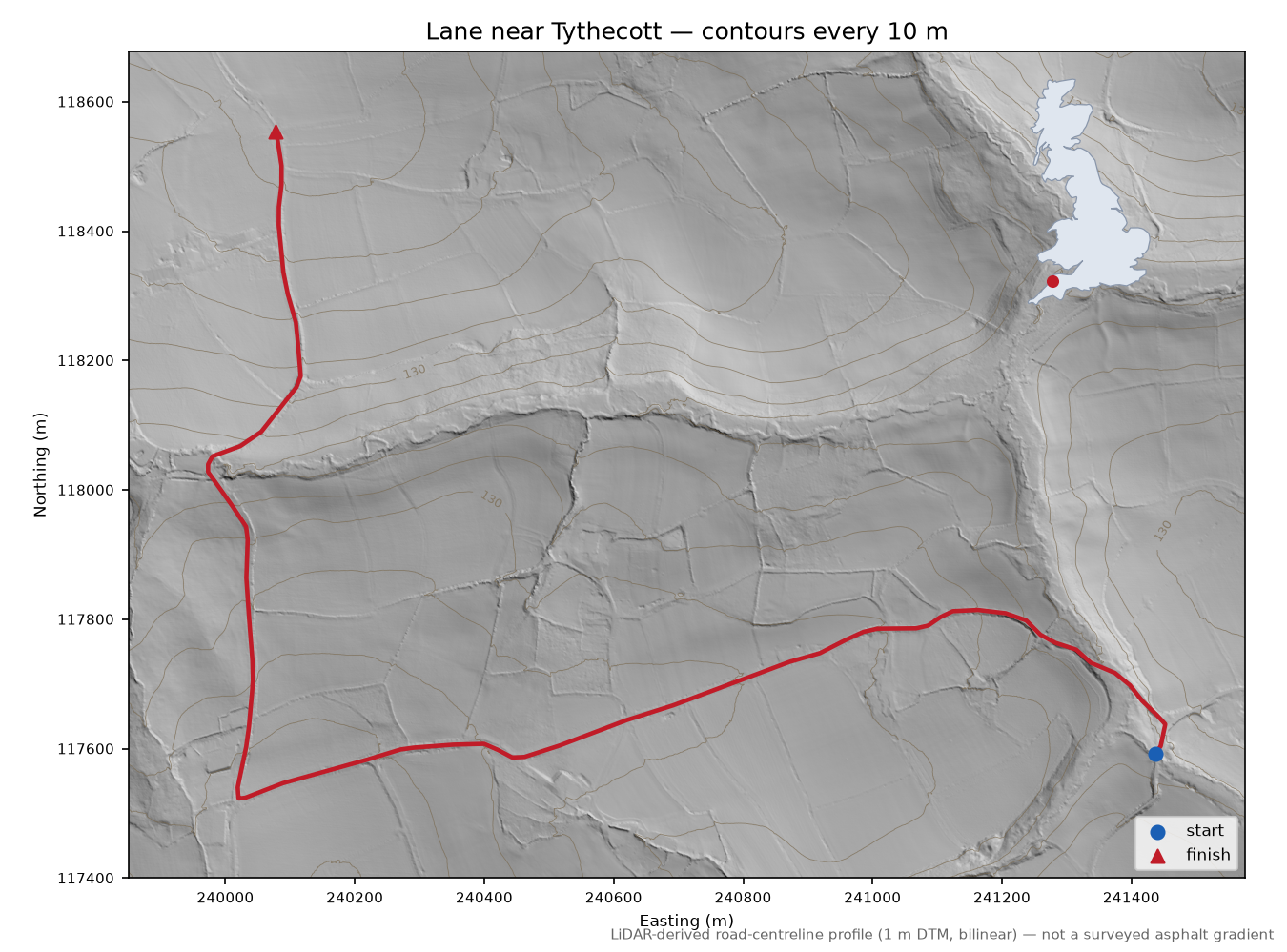 Lane near Tythecott LiDAR hillshade map with contours