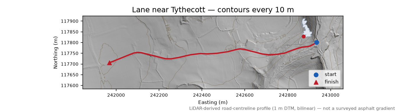 Lane near Tythecott LiDAR hillshade map with contours