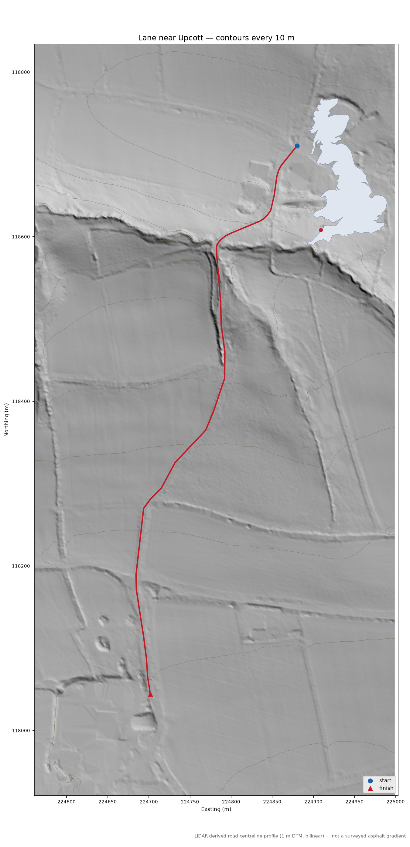 Lane near Upcott LiDAR hillshade map with contours