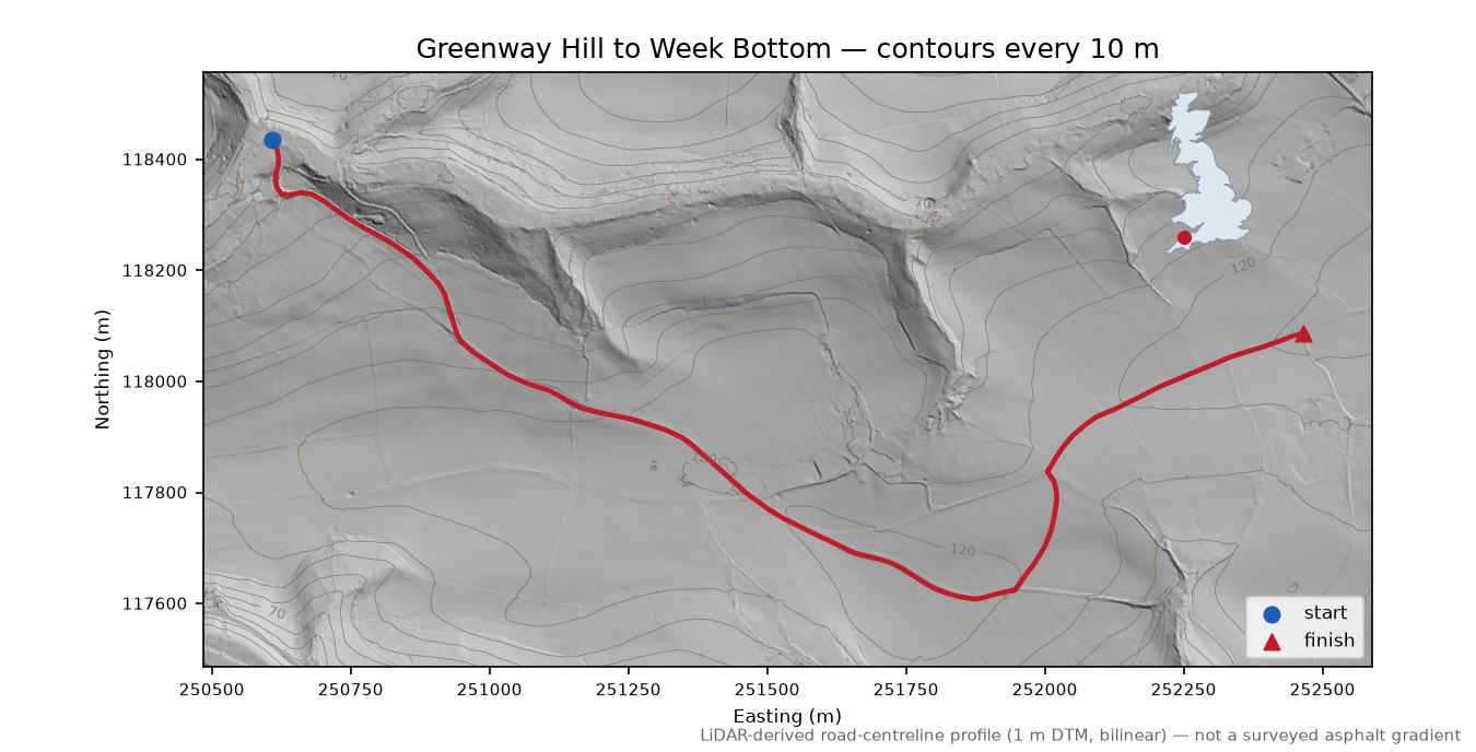 Greenway Hill to Week Bottom LiDAR hillshade map with contours