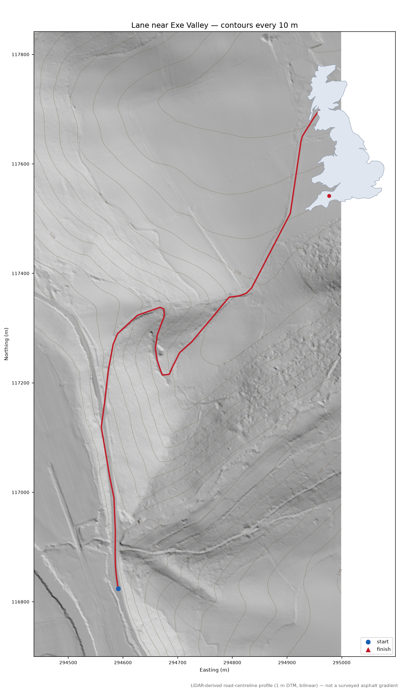 Lane near Exe Valley LiDAR hillshade map with contours
