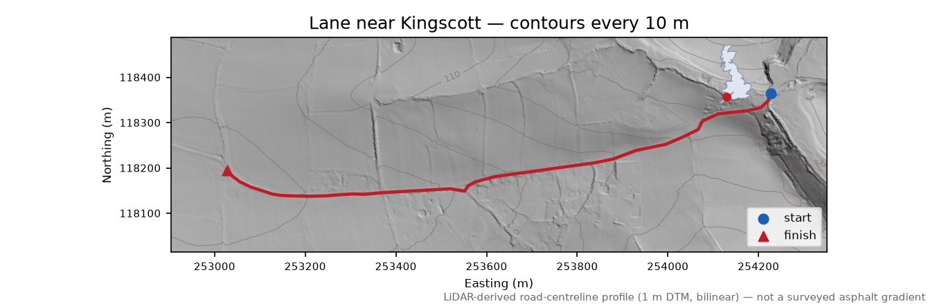 Lane near Kingscott LiDAR hillshade map with contours
