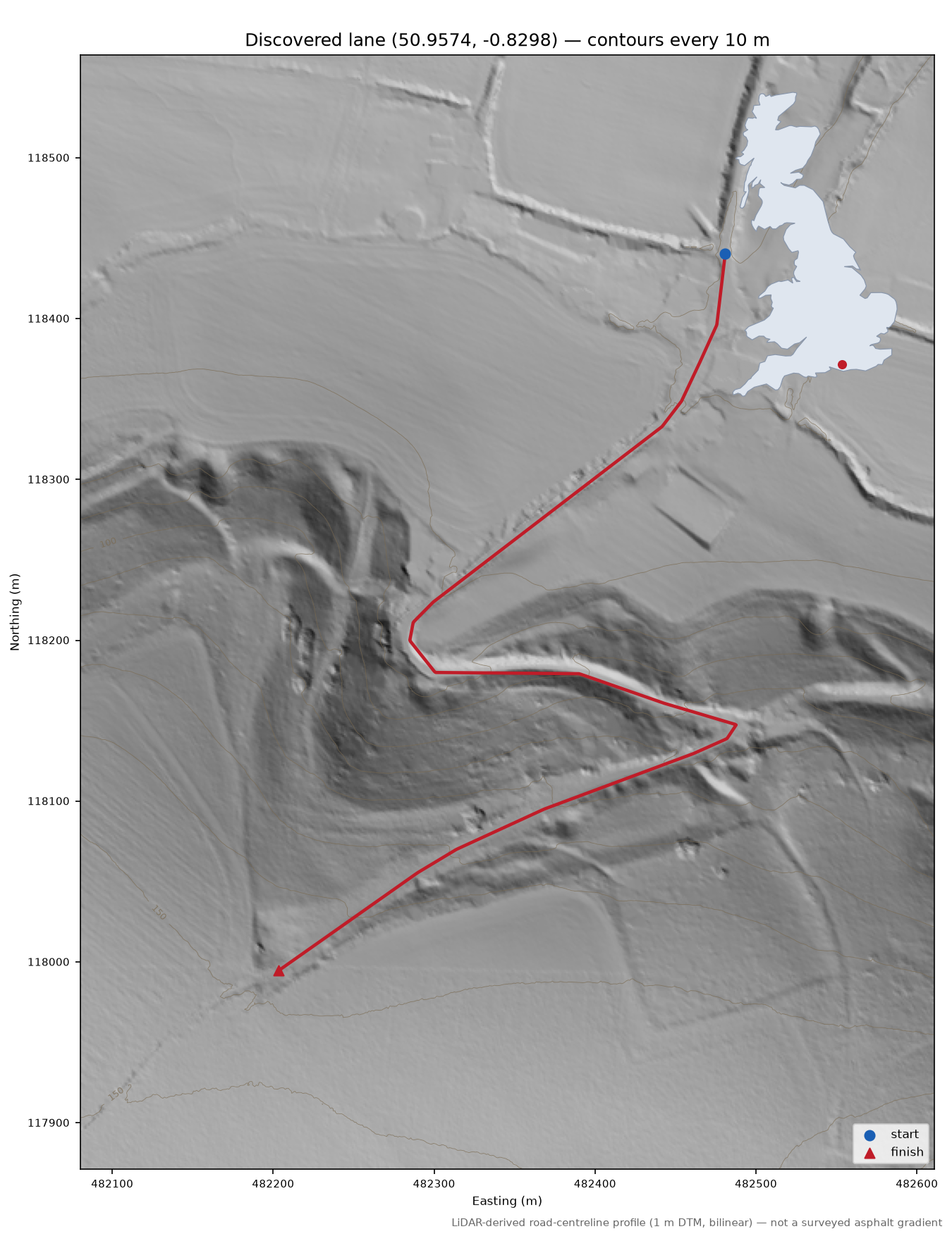 Treyford to Treyford Hill LiDAR hillshade map with contours