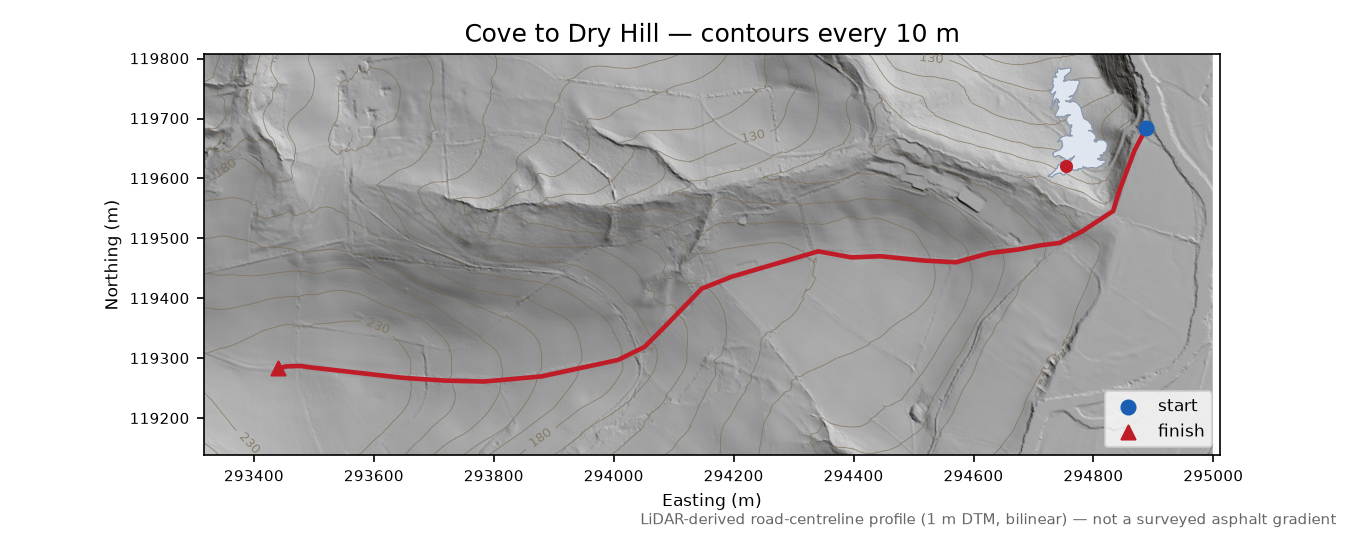Cove to Dry Hill LiDAR hillshade map with contours