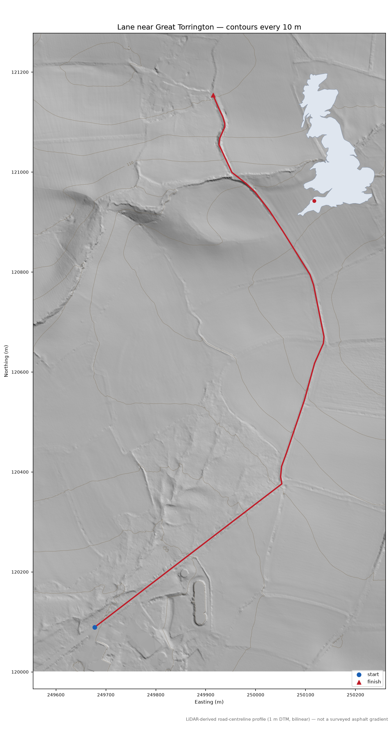 Lane near Great Torrington LiDAR hillshade map with contours