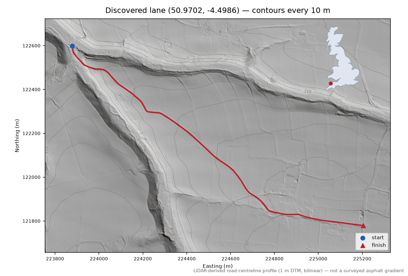 Milford to Edistone LiDAR hillshade map with contours