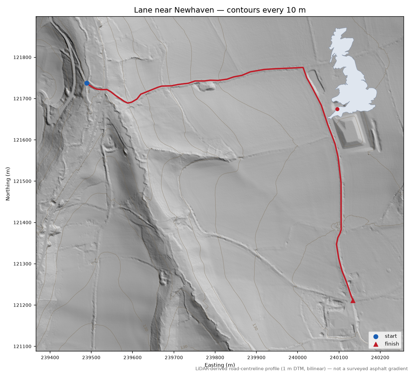 Lane near Newhaven LiDAR hillshade map with contours