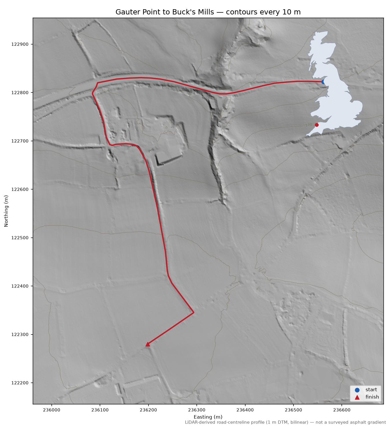 Gauter Point to Buck's Mills LiDAR hillshade map with contours