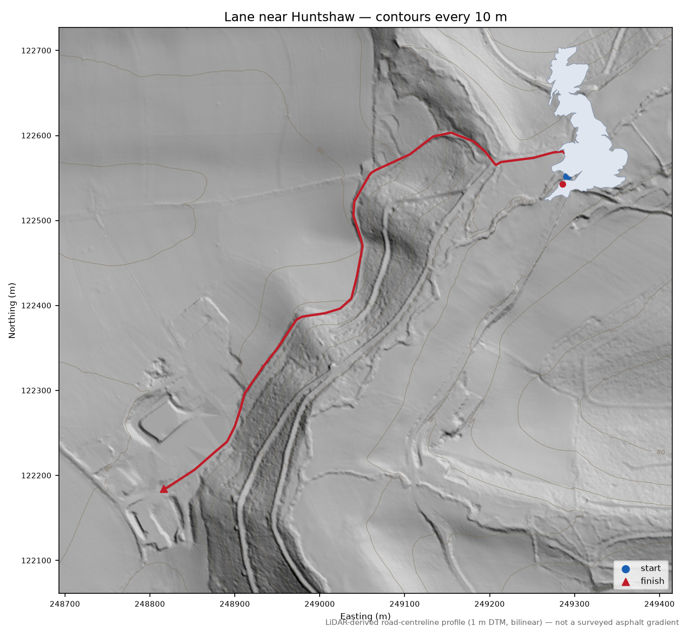 Lane near Huntshaw LiDAR hillshade map with contours