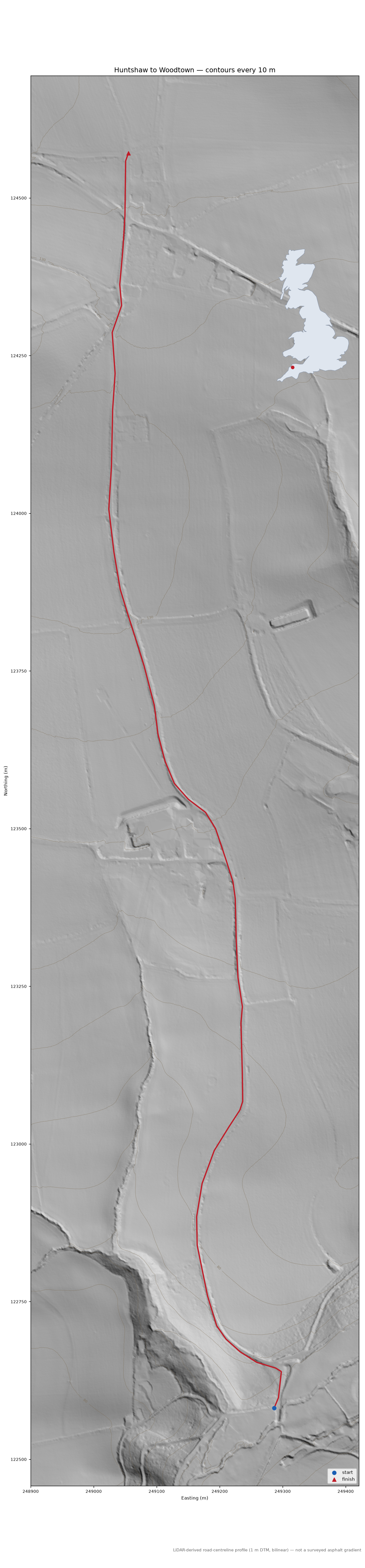 Huntshaw to Woodtown LiDAR hillshade map with contours