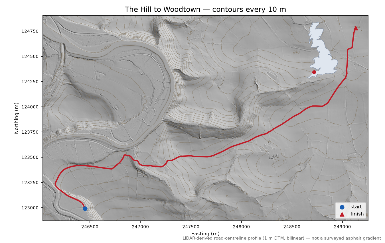 The Hill to Woodtown LiDAR hillshade map with contours