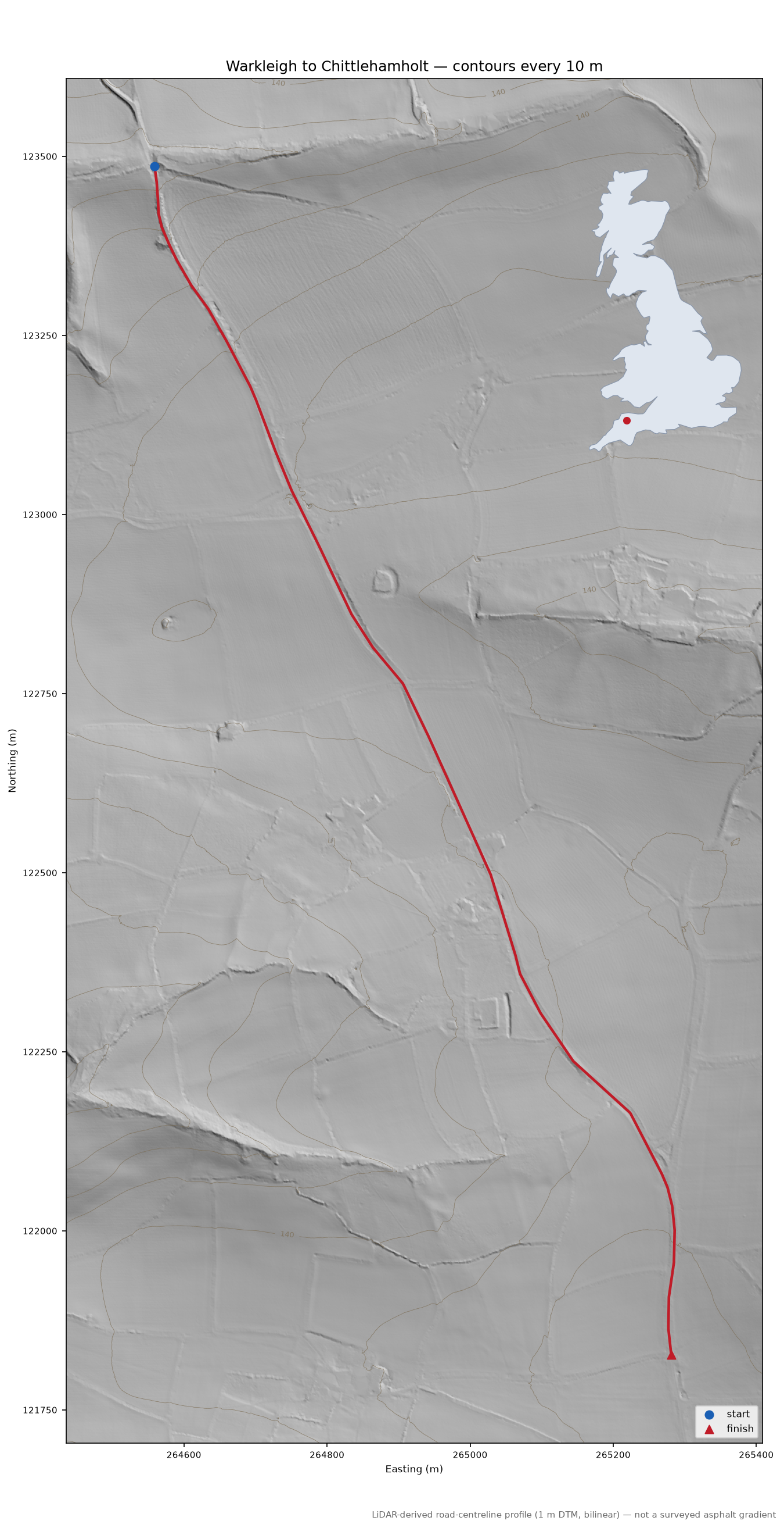 Warkleigh to Chittlehamholt LiDAR hillshade map with contours