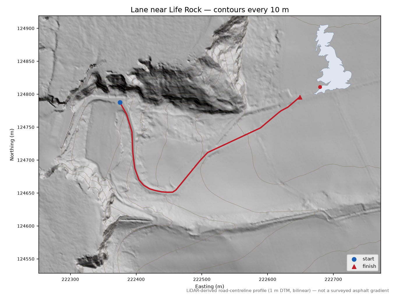 Lane near Life Rock LiDAR hillshade map with contours