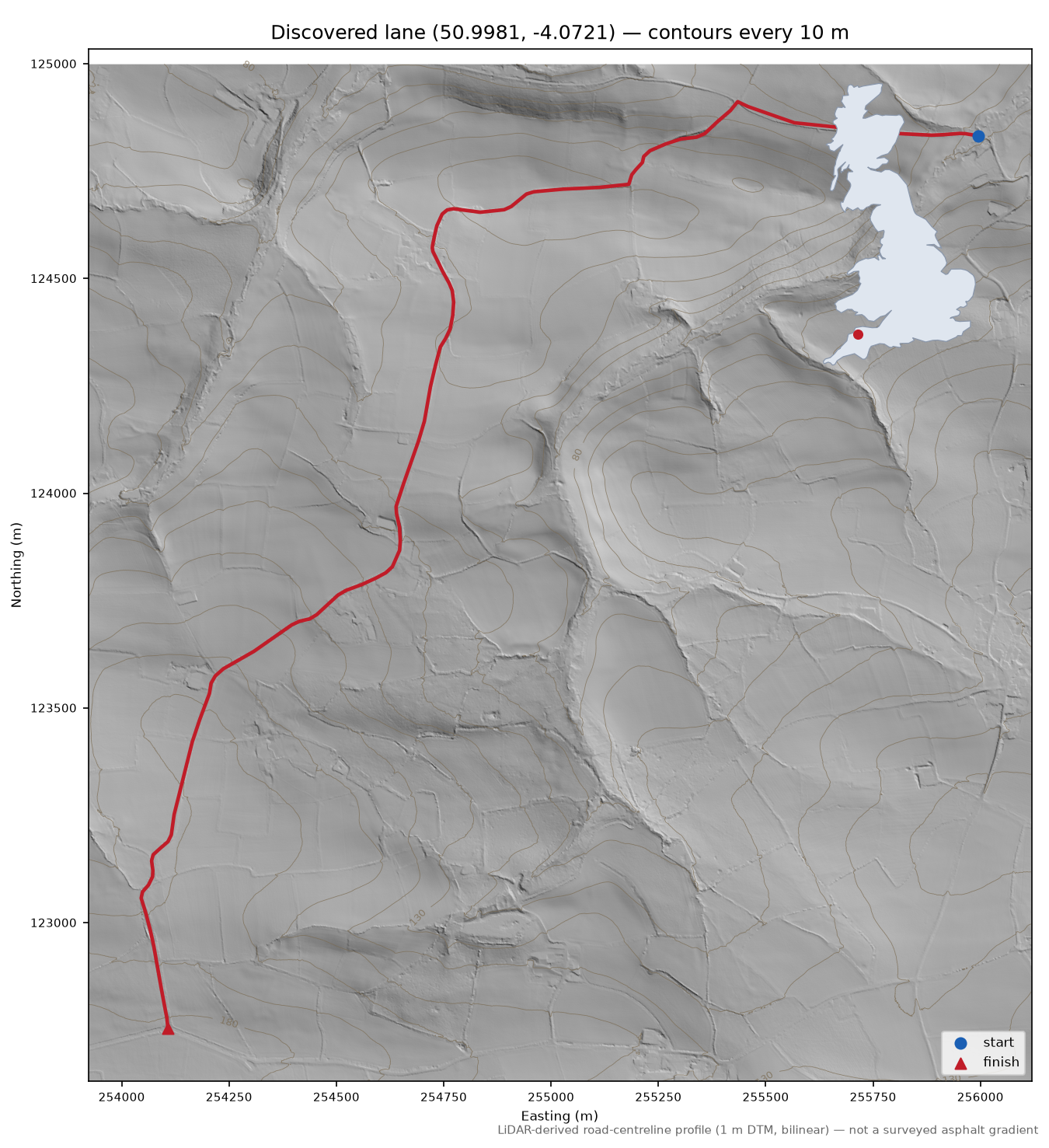 Lane near Yarnscombe LiDAR hillshade map with contours