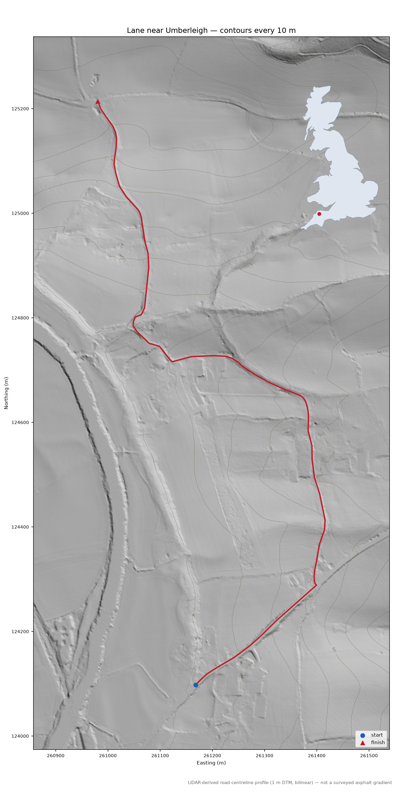 Lane near Umberleigh LiDAR hillshade map with contours