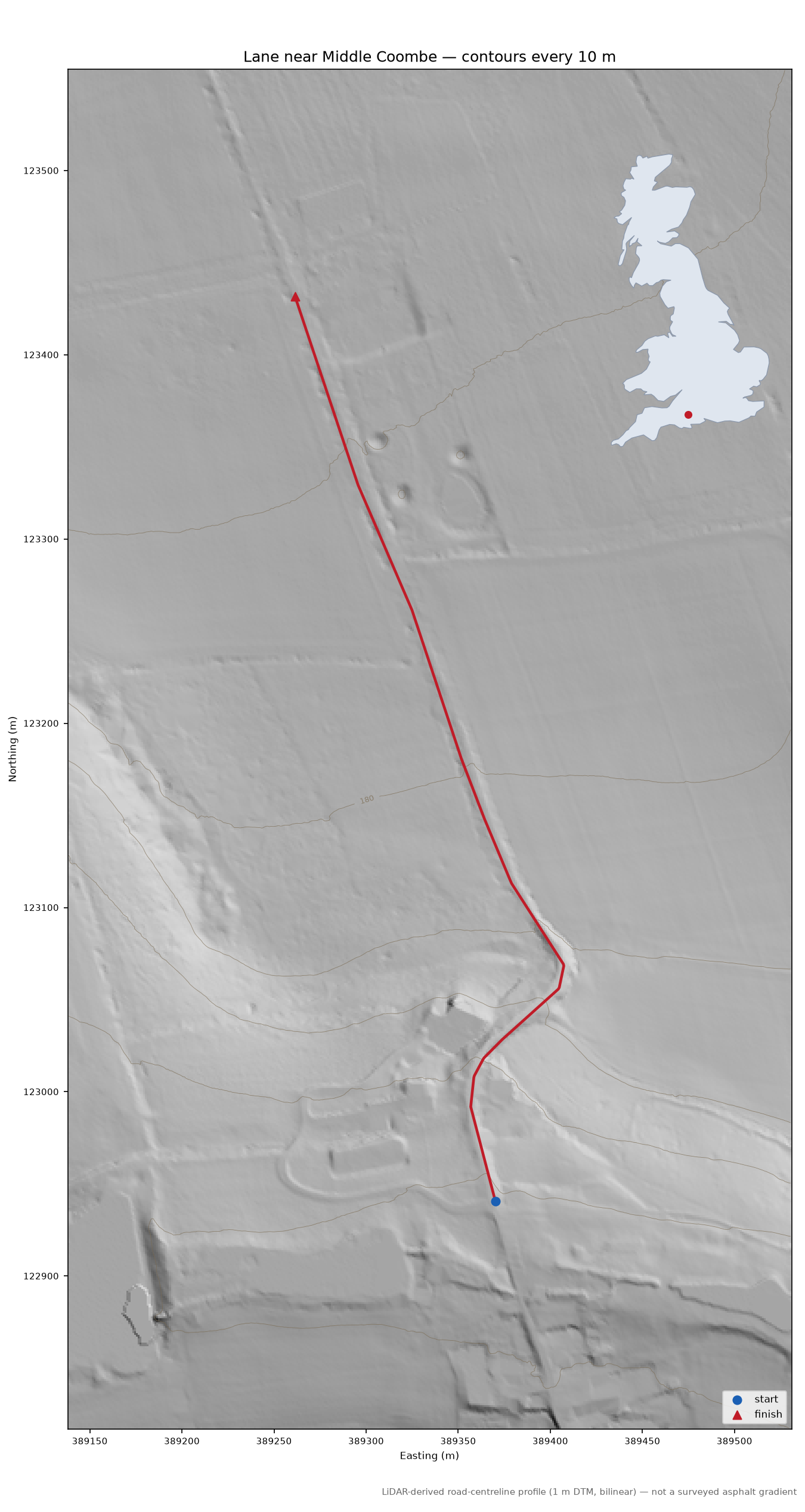 Lane near Middle Coombe LiDAR hillshade map with contours