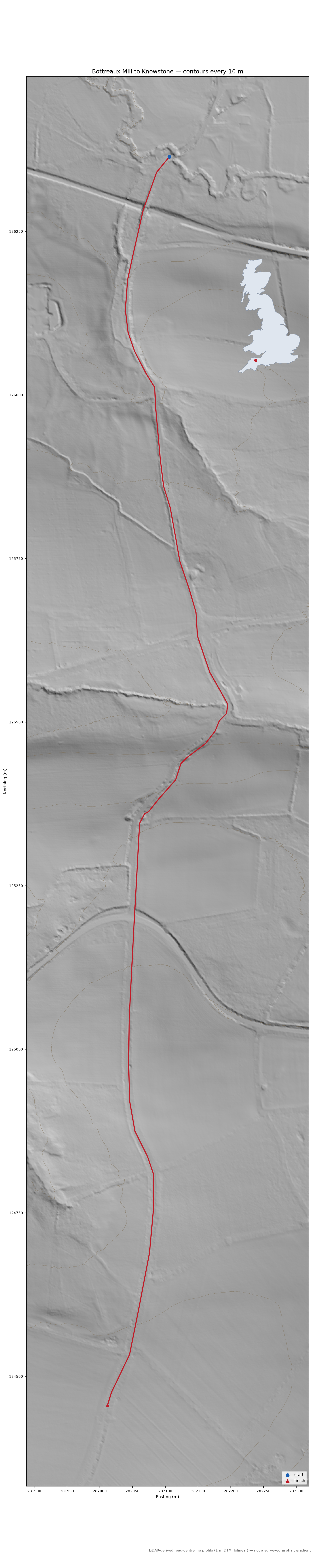 Bottreaux Mill to Knowstone LiDAR hillshade map with contours