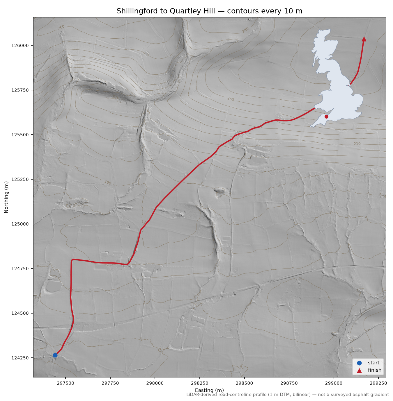 Shillingford to Quartley Hill LiDAR hillshade map with contours