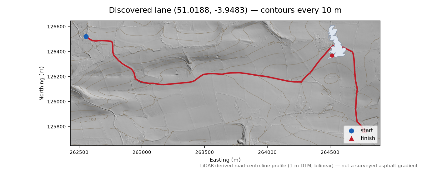 Stowford to Chittlehampton LiDAR hillshade map with contours
