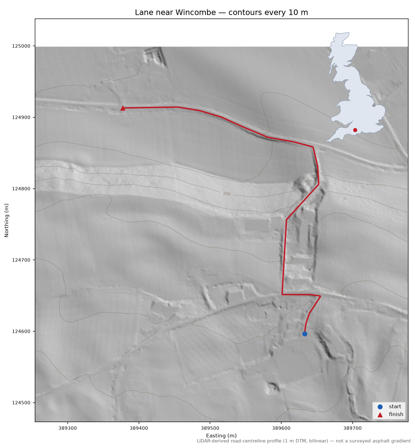 Lane near Wincombe LiDAR hillshade map with contours
