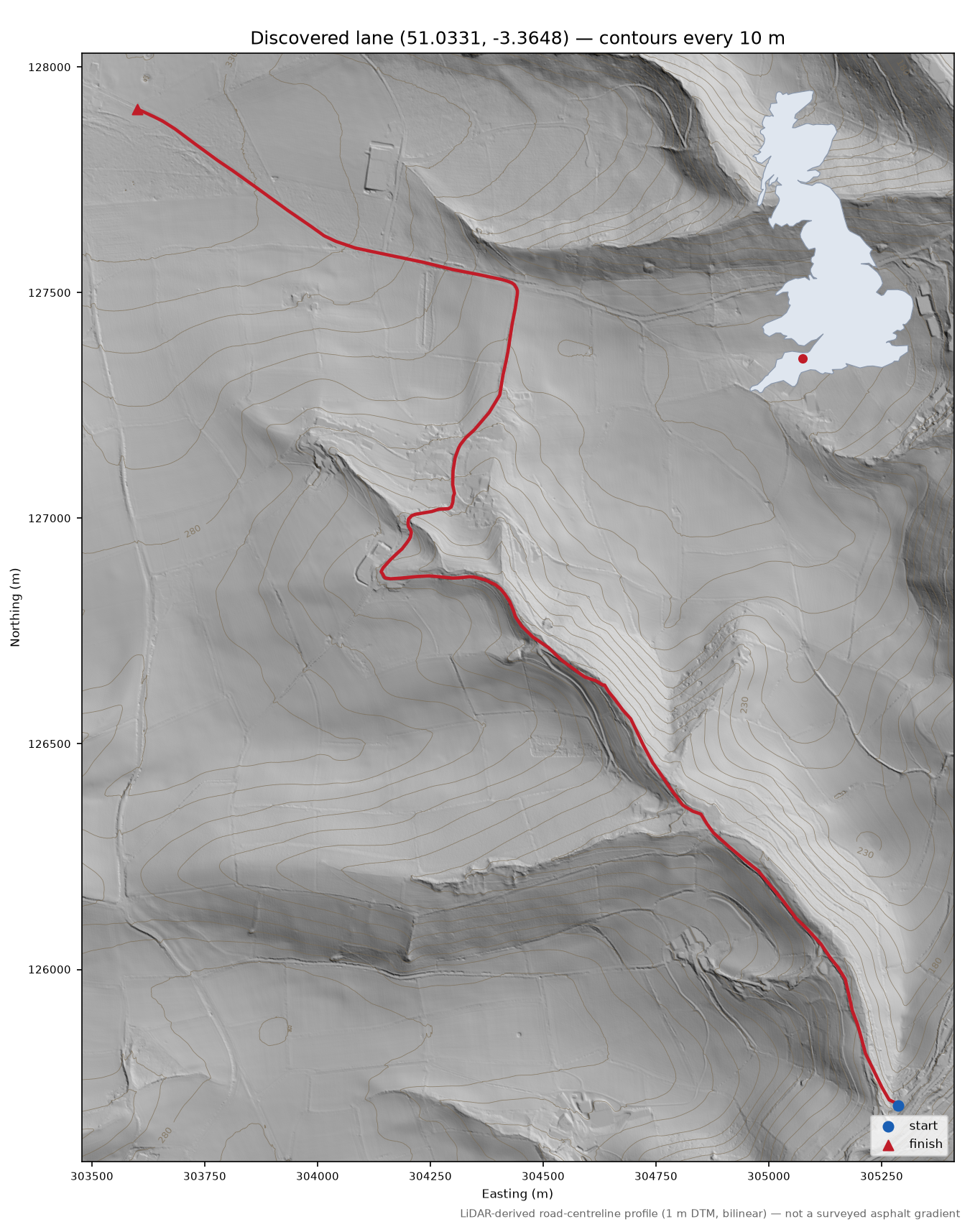 Waterrow to Heydon Hill LiDAR hillshade map with contours