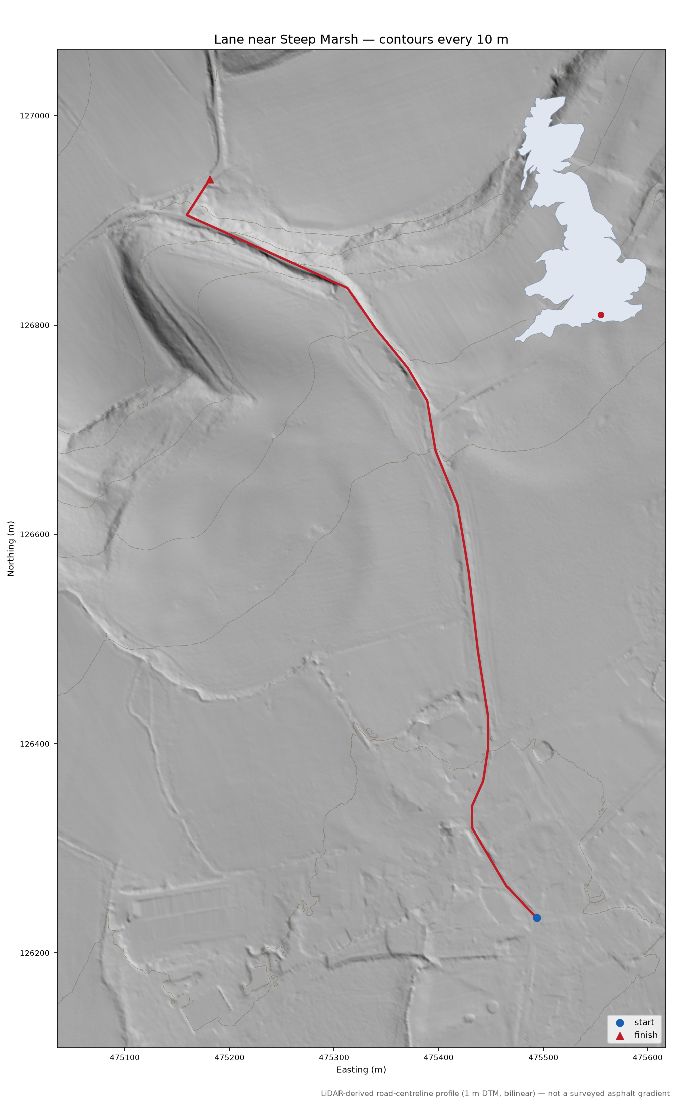 Lane near Steep Marsh LiDAR hillshade map with contours