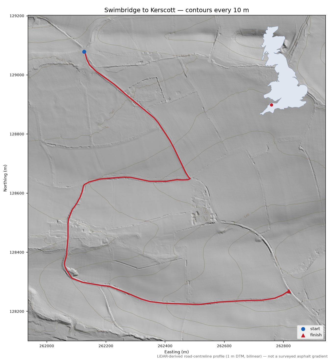 Swimbridge to Kerscott LiDAR hillshade map with contours