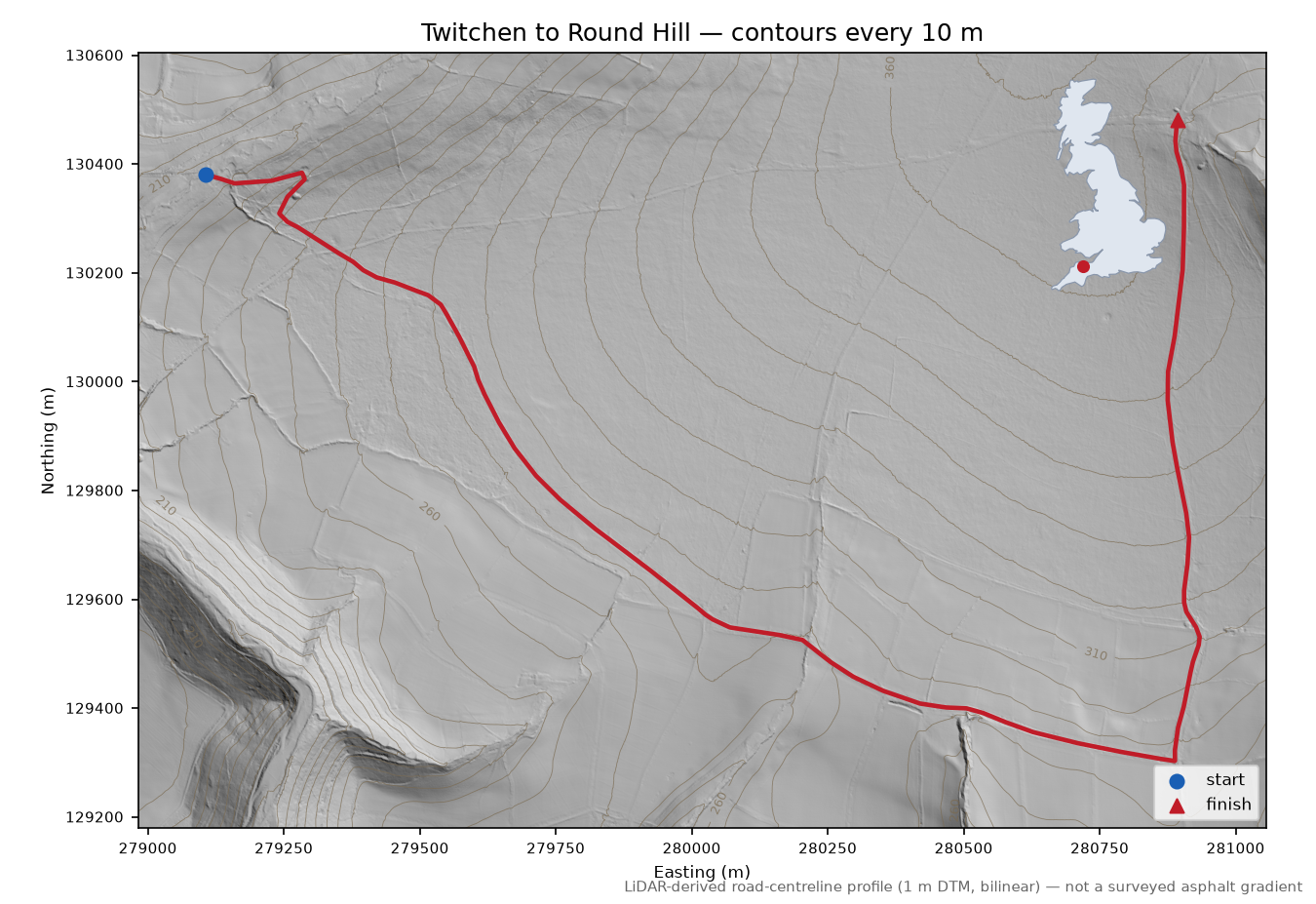Twitchen to Round Hill LiDAR hillshade map with contours
