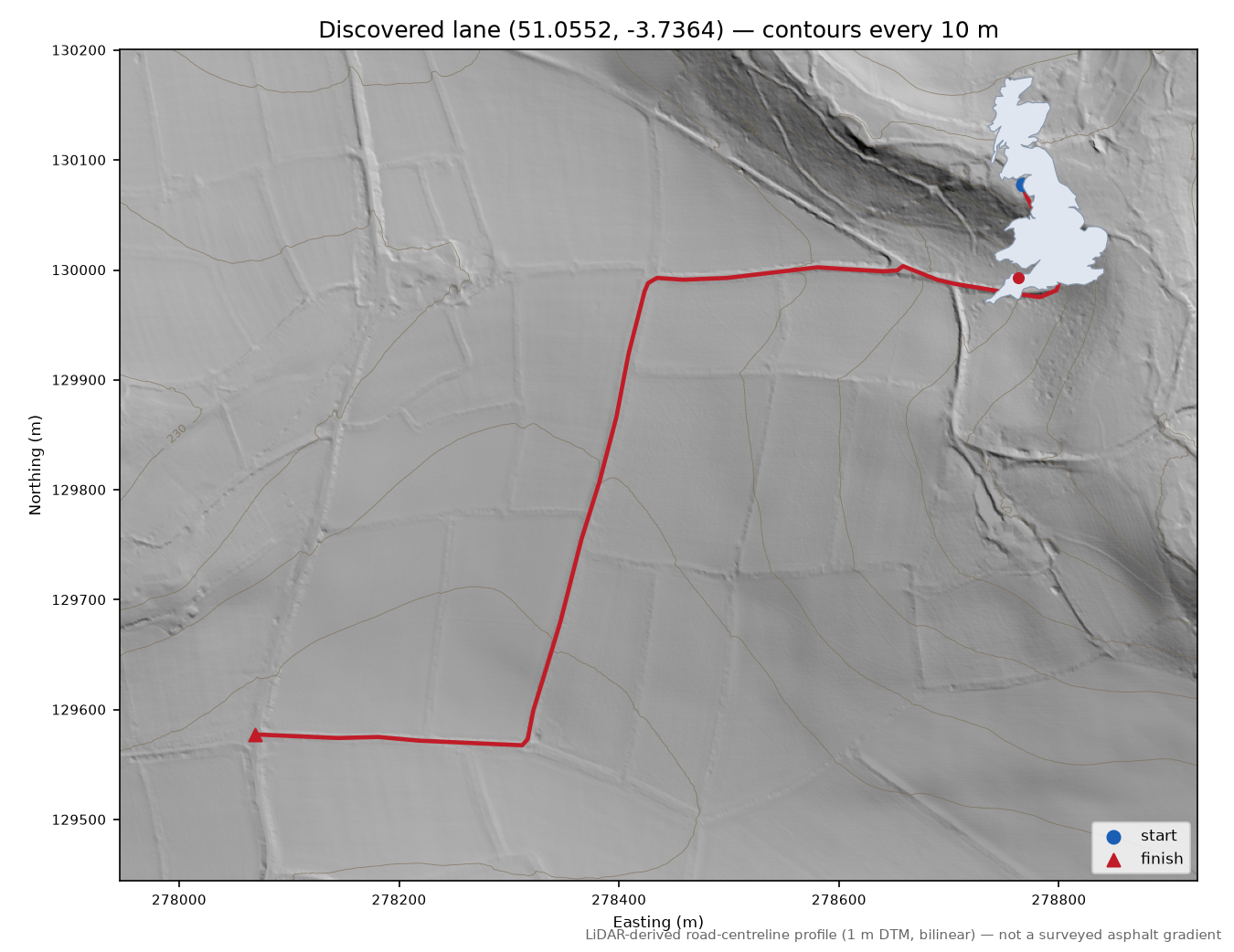 Lane near Twitchen LiDAR hillshade map with contours