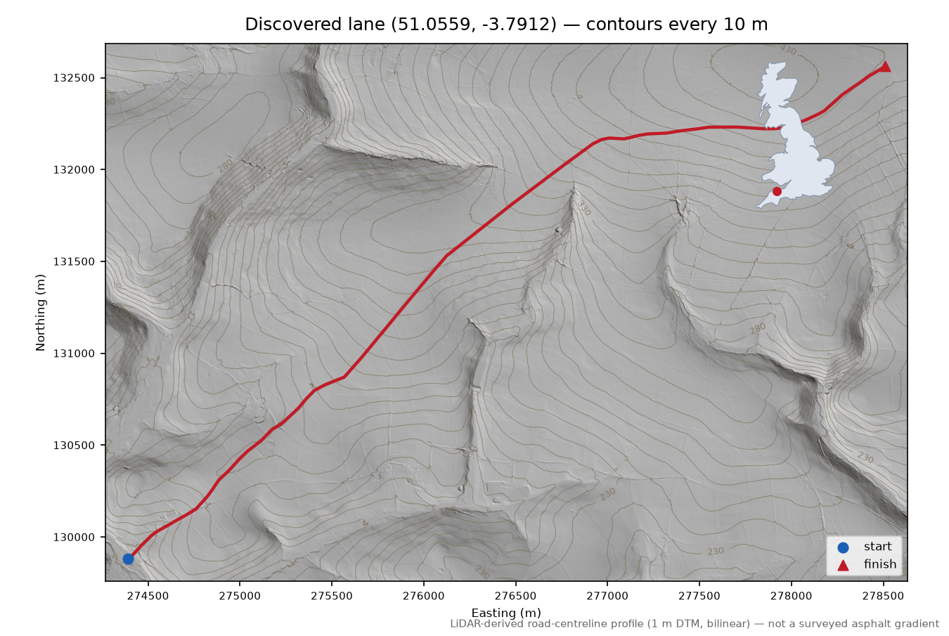 North Molton to North Molton Ridge LiDAR hillshade map with contours