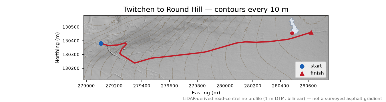 Twitchen to Round Hill LiDAR hillshade map with contours