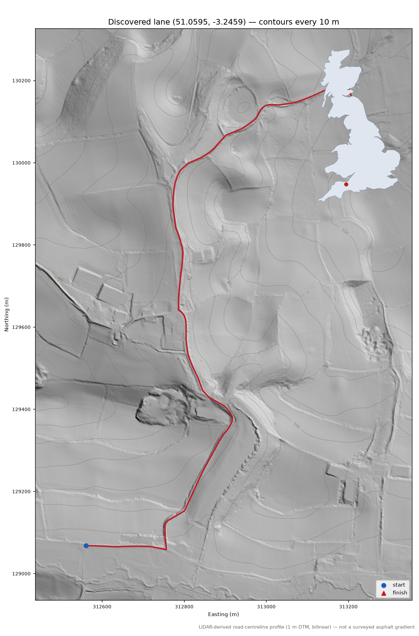 Northway to Pyleigh LiDAR hillshade map with contours
