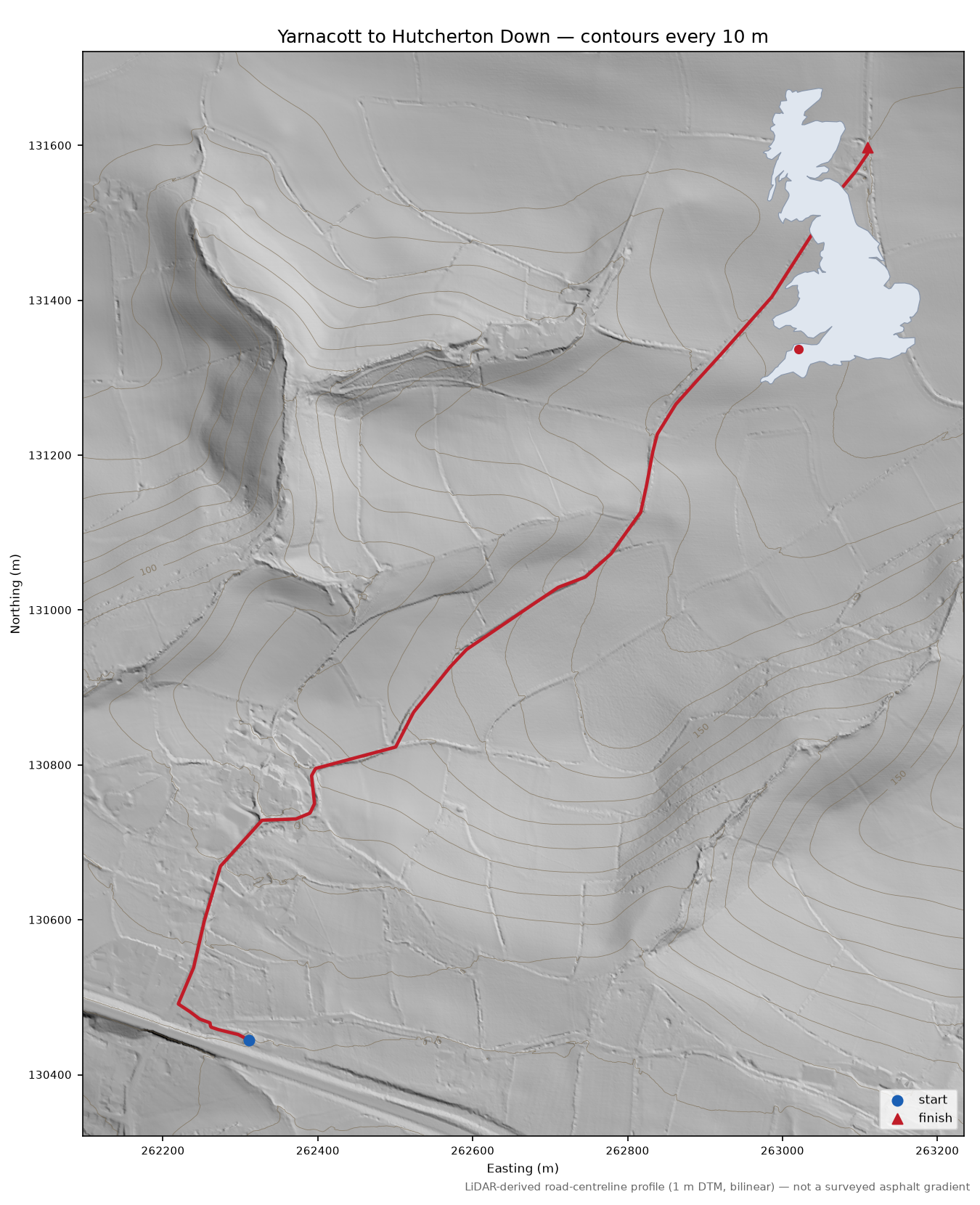 Yarnacott to Hutcherton Down LiDAR hillshade map with contours