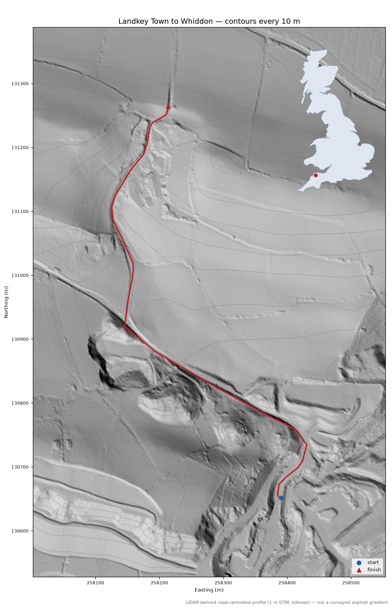 Landkey Town to Whiddon LiDAR hillshade map with contours