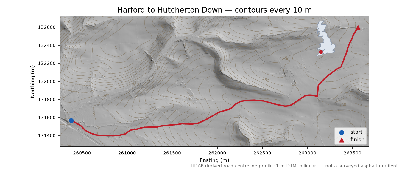 Harford to Hutcherton Down LiDAR hillshade map with contours