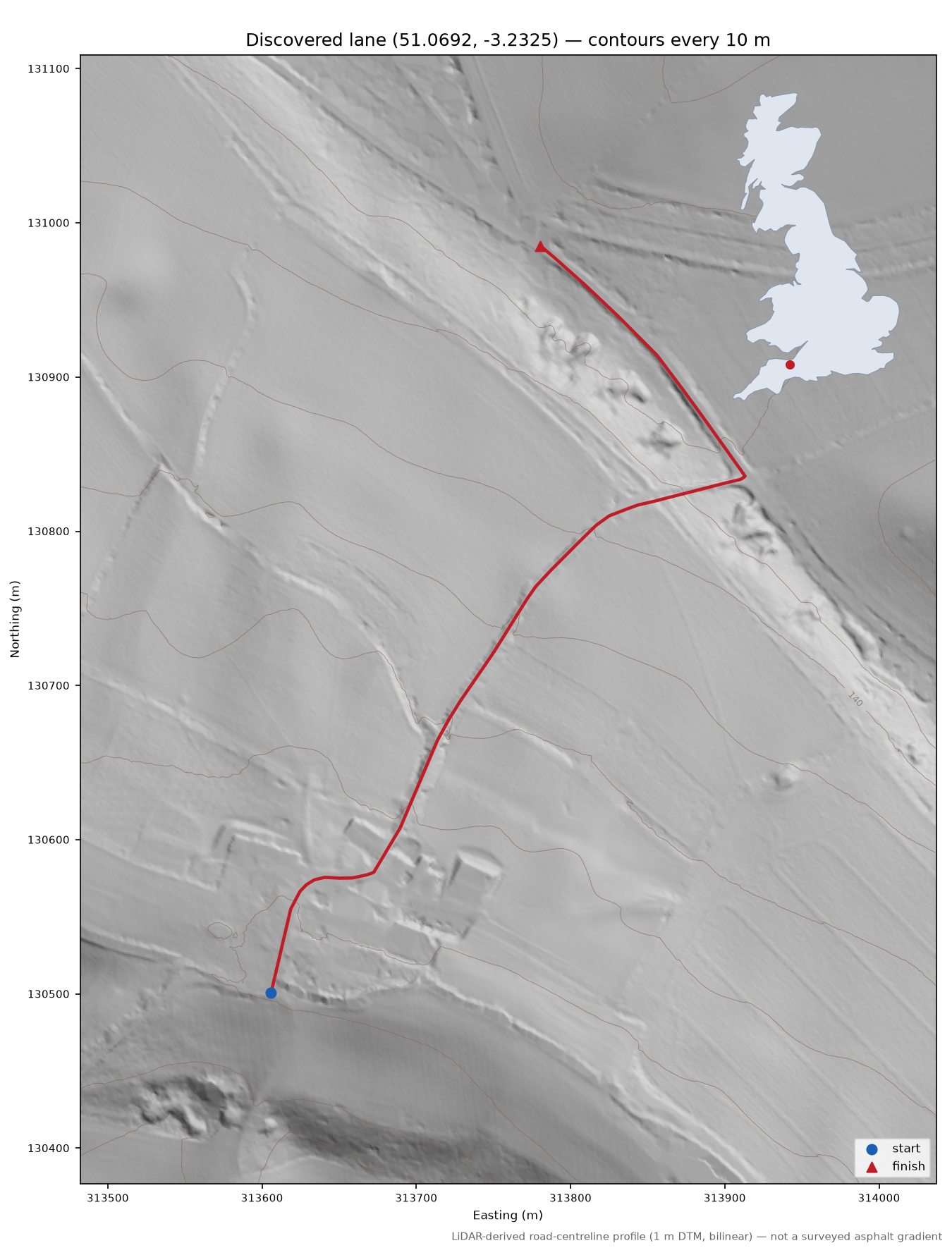 Lane near Pyleigh LiDAR hillshade map with contours
