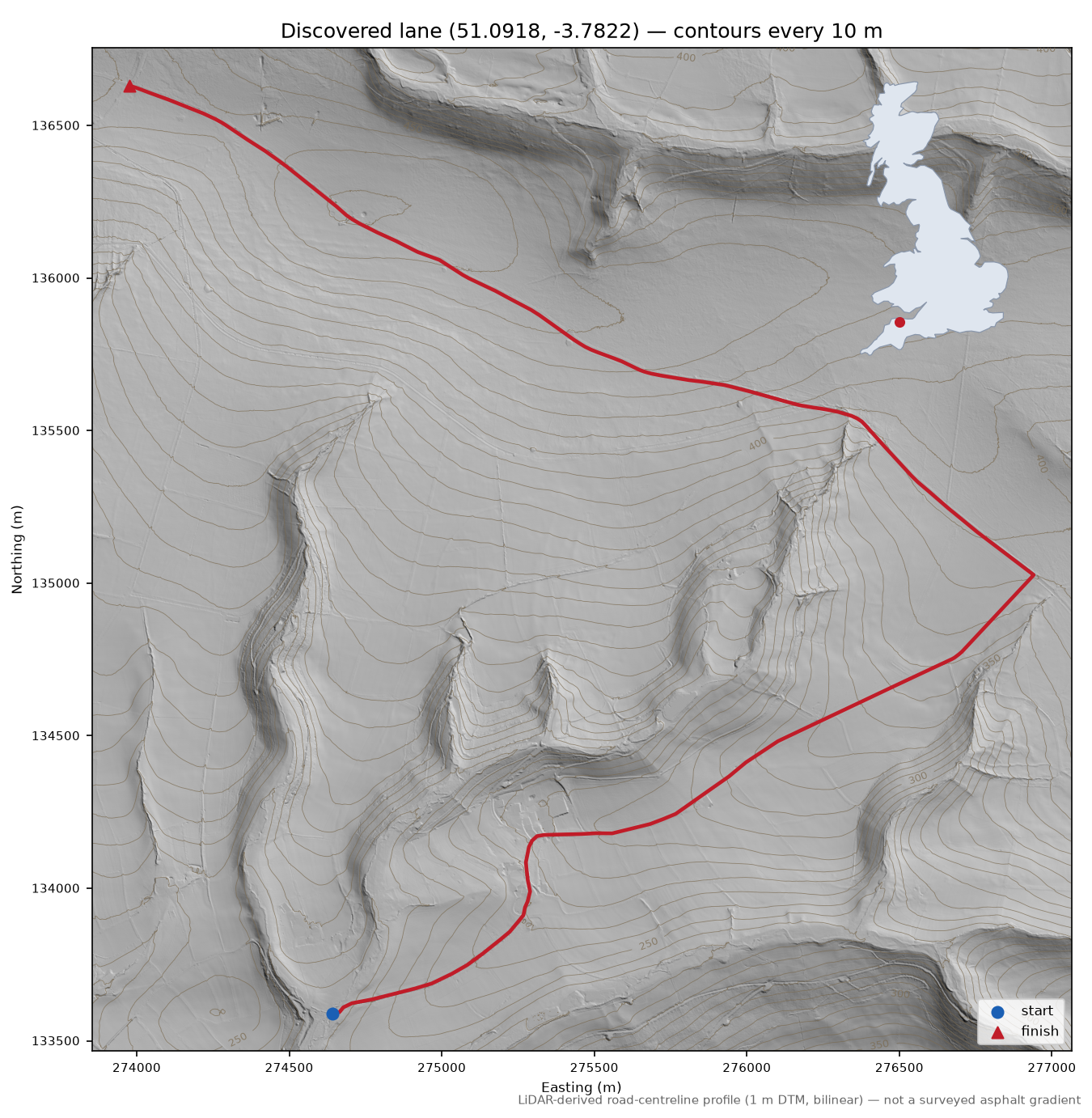 North Radworthy to Span Head LiDAR hillshade map with contours