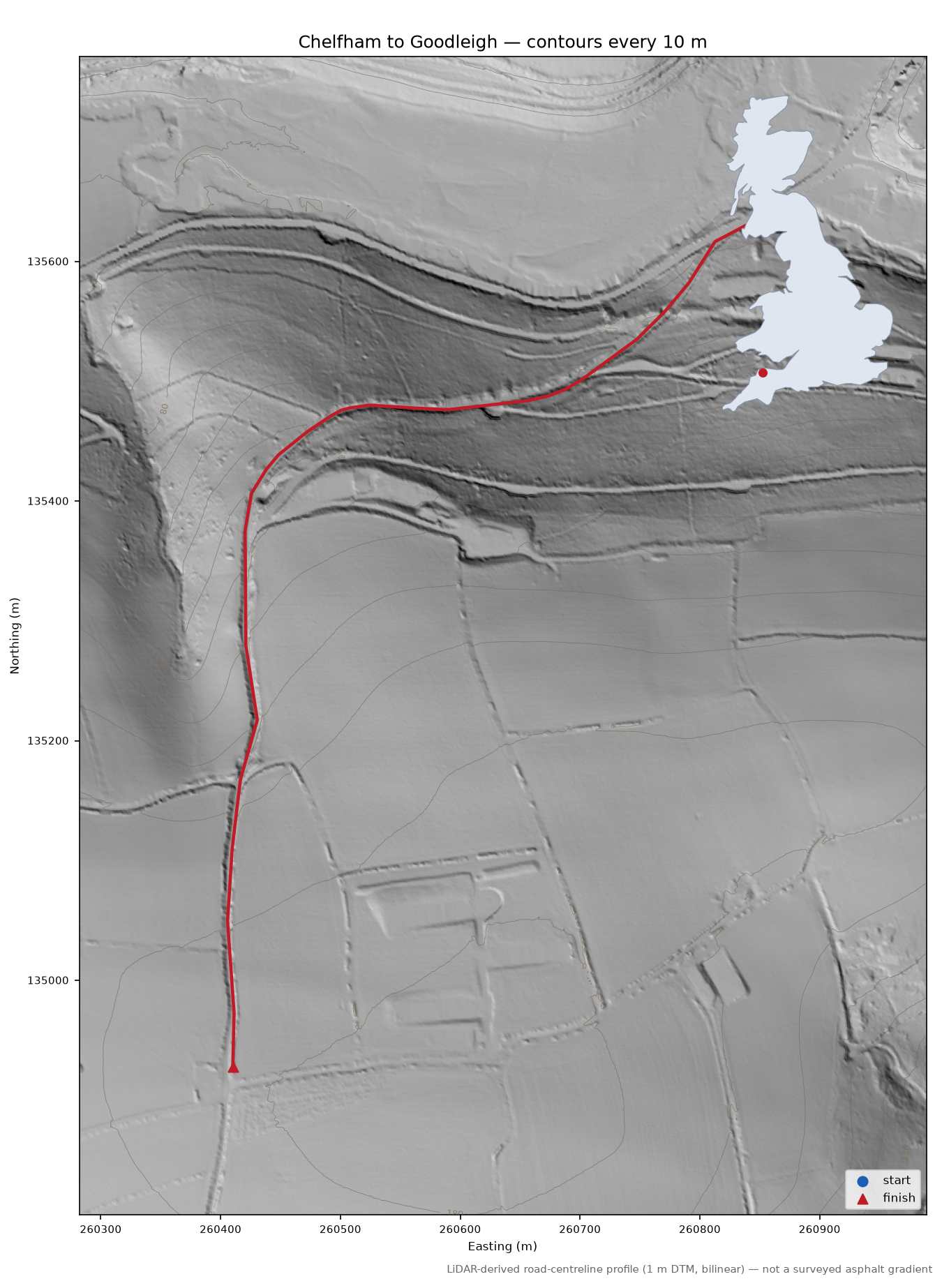 Chelfham to Goodleigh LiDAR hillshade map with contours