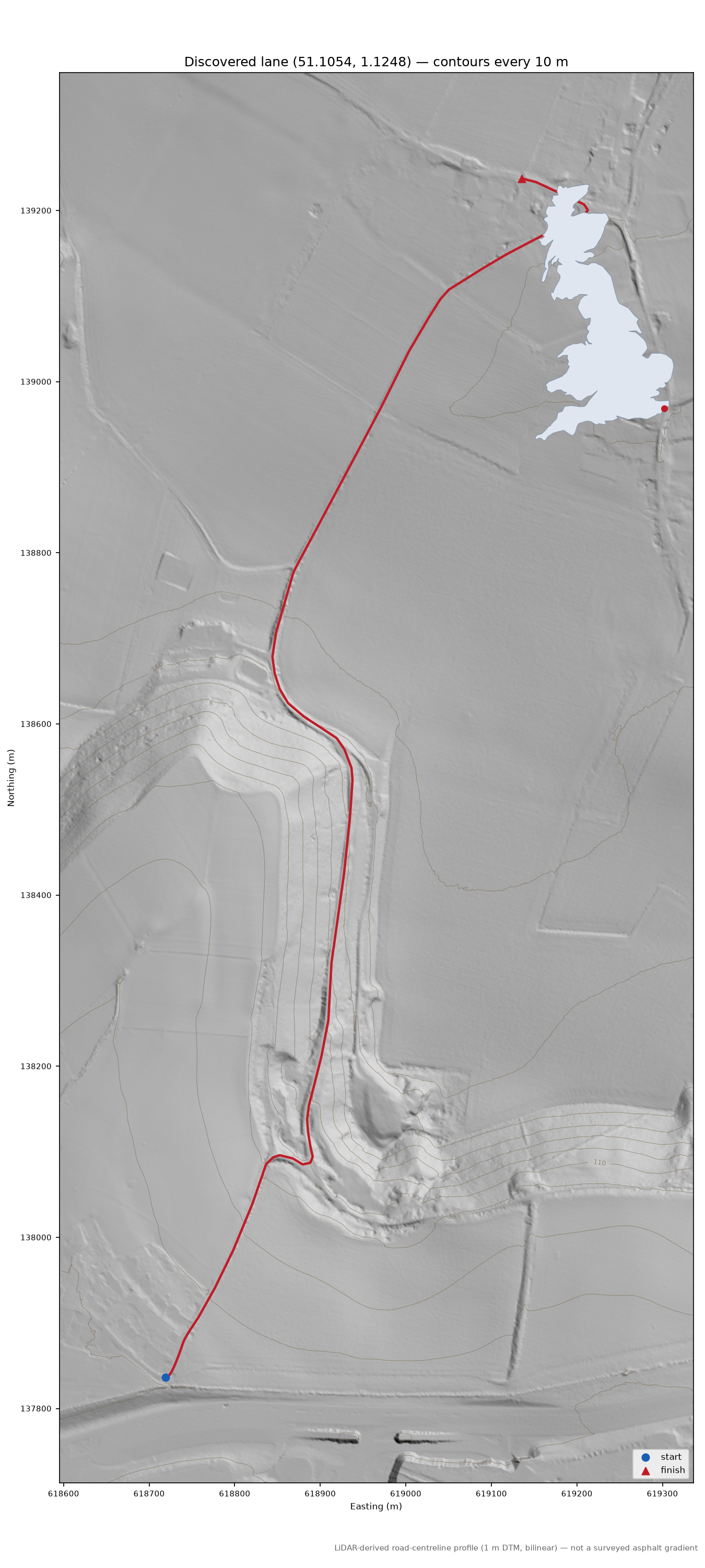 Peene to Arpinge LiDAR hillshade map with contours
