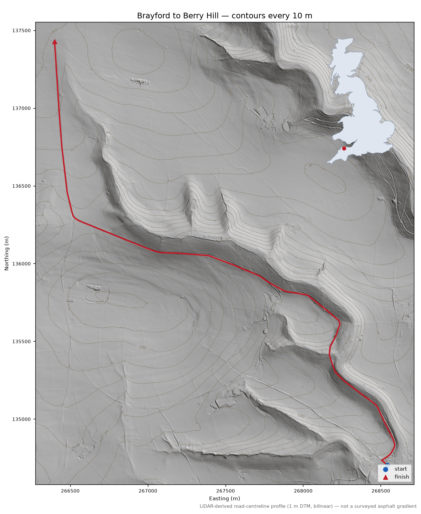 Brayford to Berry Hill LiDAR hillshade map with contours