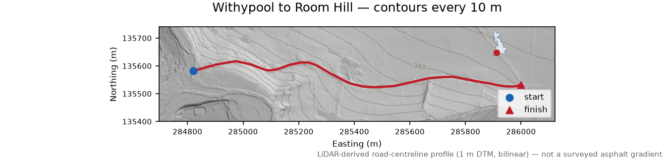 Withypool to Room Hill LiDAR hillshade map with contours
